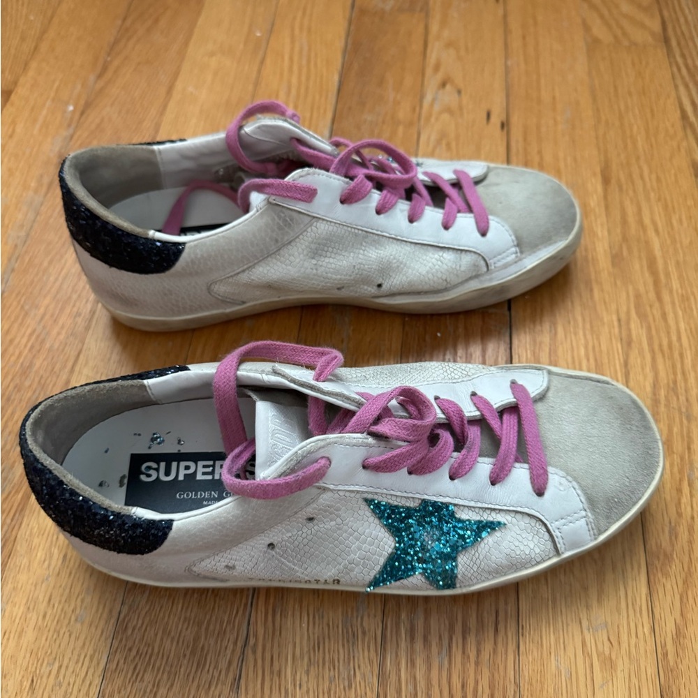 Golden Goose Super-Star Sneakers with Pink Laces and Teal Glitter Star - Picture 4 of 6